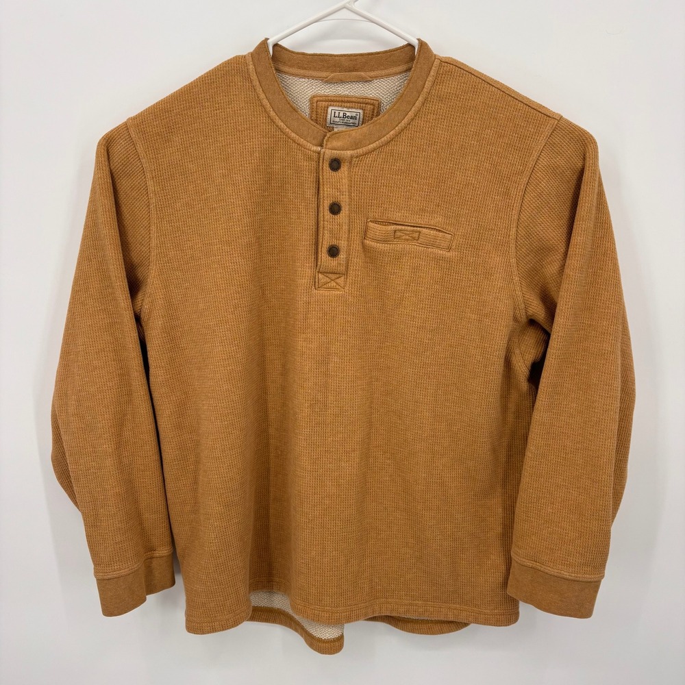 LL Bean Henley Pullover Mens XXL Mustard Sherpa Lined Waffle Knit Excellent